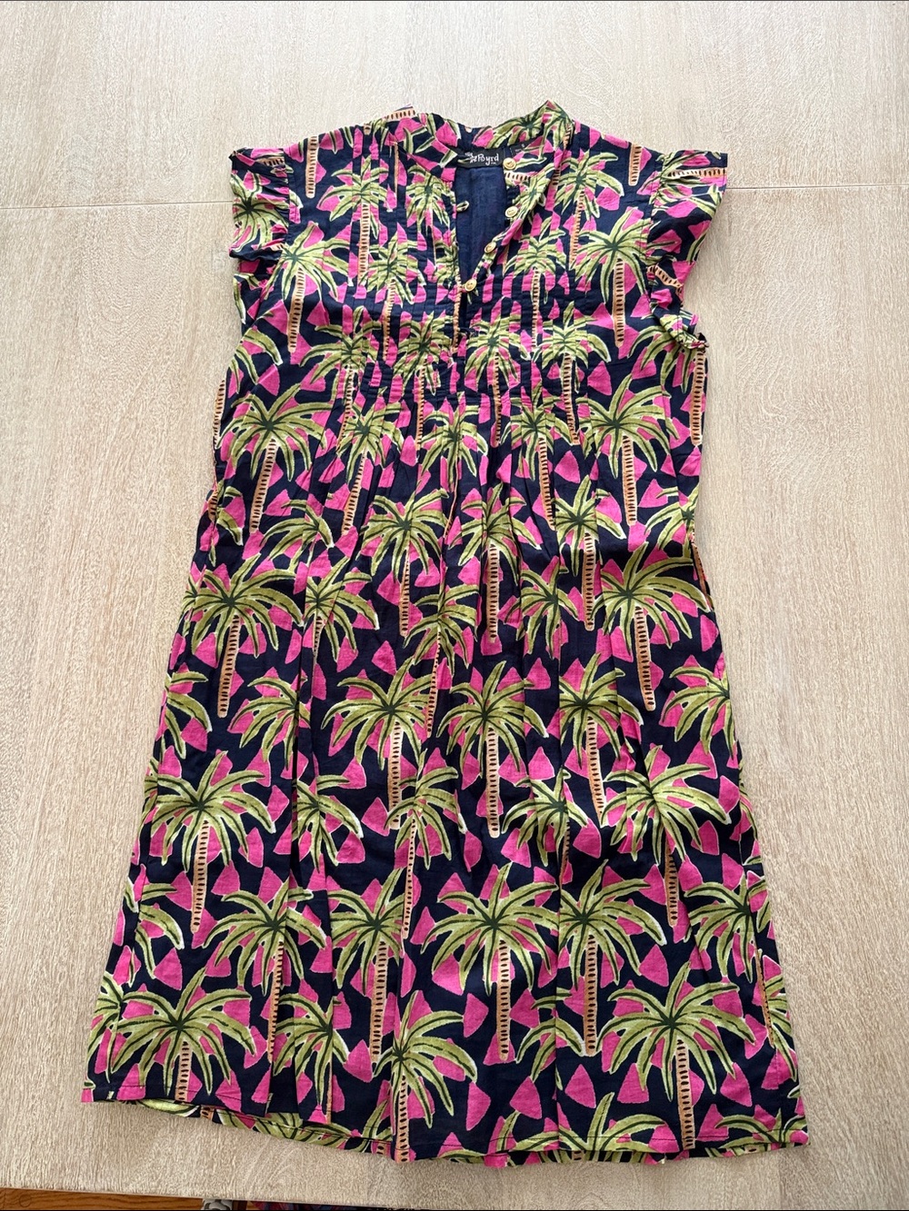 Liza Byrd Navy Dress with Green Palm & Pink Accents